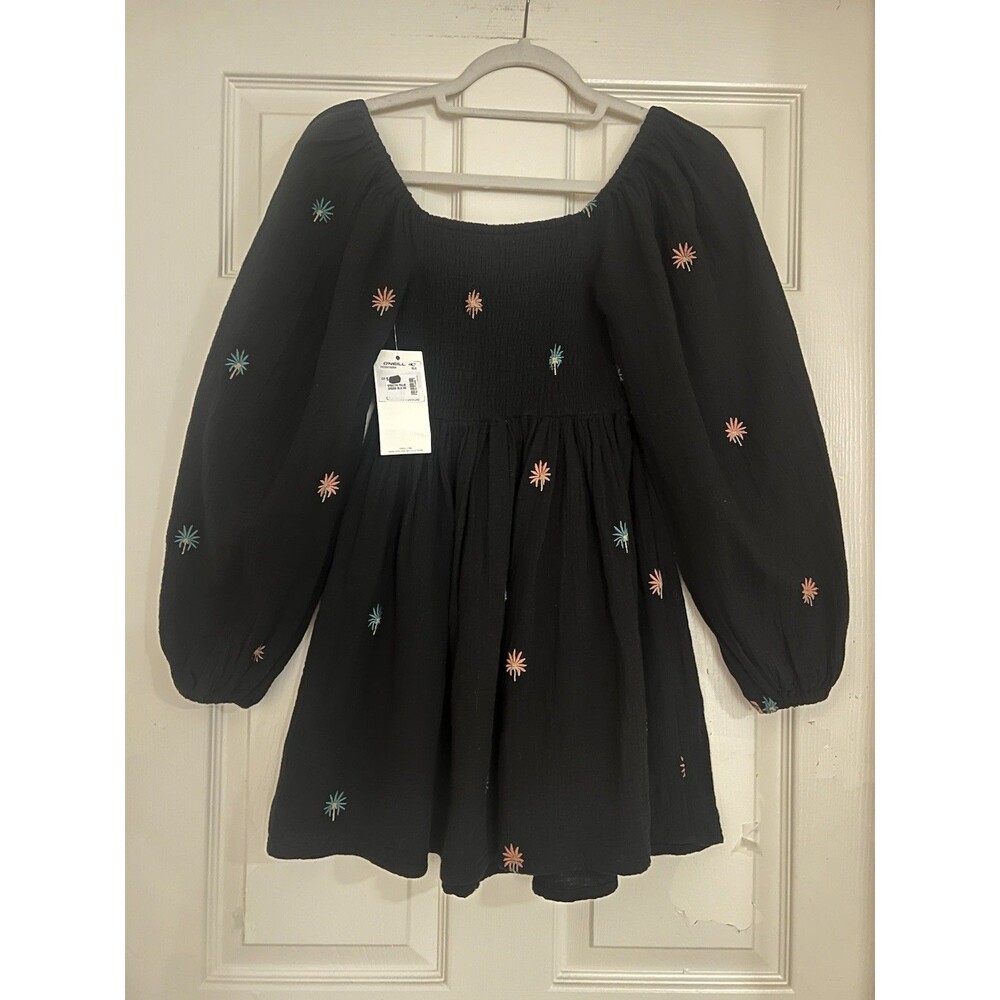 O'NEILL Gracyn Palm Dress Womens XS Black Smocked Embroidered Cottagecore Chic